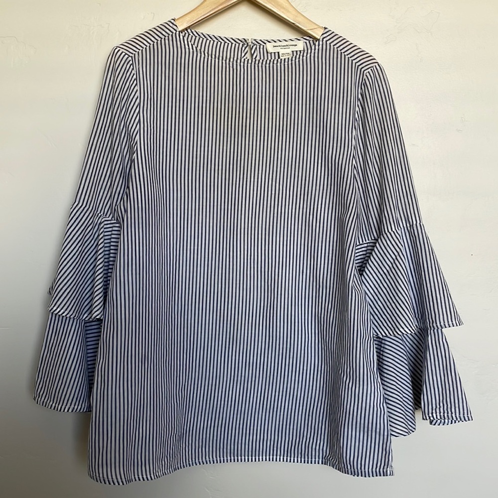 White and blue striped peplum sleeve top